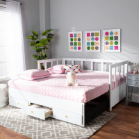 Baxton Studio MG0035-White-3DW-Daybed Kendra Modern and Contemporary White Finished Expandable Twin Size to King Size Daybed with Storage Drawers